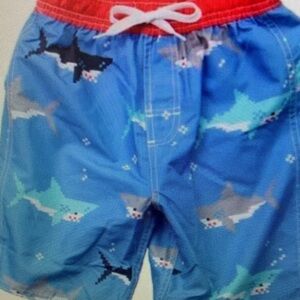 Kids Shark Print Swim Trunks - Blue and Red